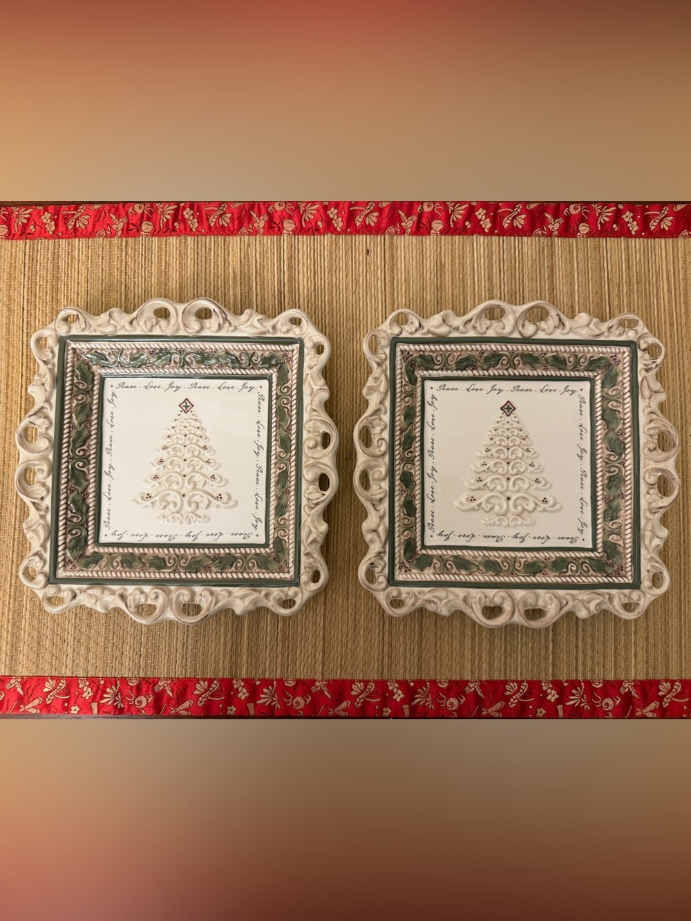 Grasslands Road Christmas Scroll Pierced Square Ceramic Plates 8” (set of 2) Vtg